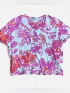Zara Pink Floral Knit Cotton Flowy Boxy Short Sleeve White Top Sz M